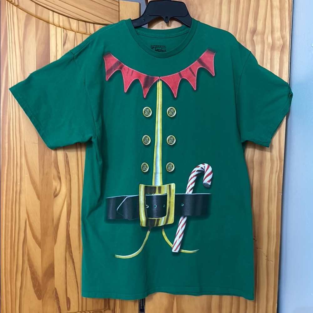 AUTHENTIC CLASSI ELF T-SHIRT MEN L GREEN RED VIBRANT HOLIDAY GRAPHIC 100%-COTTON